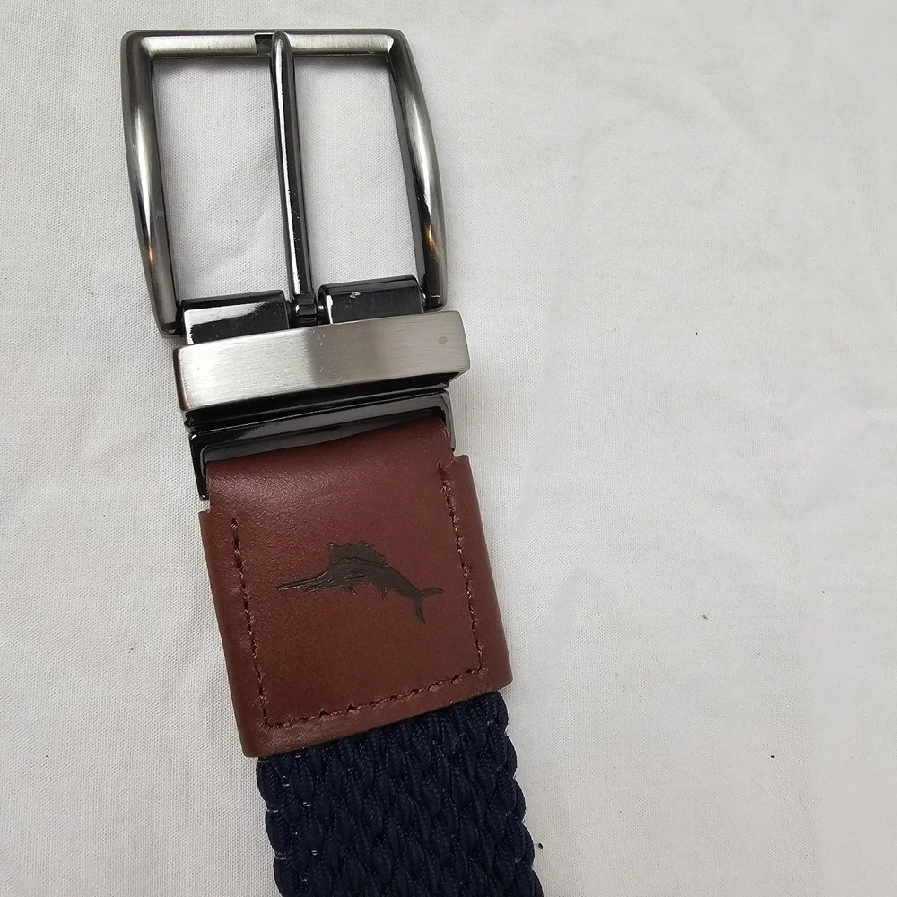 TOMMY BAHAMA Mens S M Braided Cotton Woven Blue Leather Trim Belt Silver Work